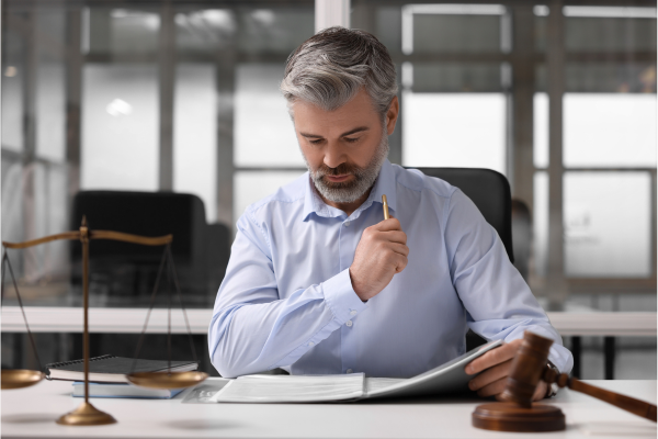 Grey-haired man reviewing a document at a desk with a gavel and scales