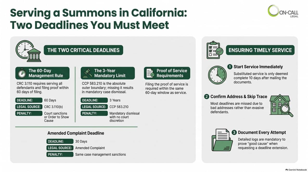 Infographic: the two California deadlines for serving a summons — the 60-day rule under CRC 3.110 and the three-year limit under CCP 583.210, with proof of service requirements and how to keep service on time