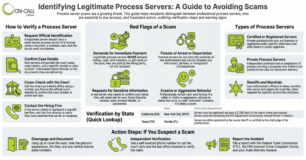Infographic explaining process server verification steps and common scam warning signs