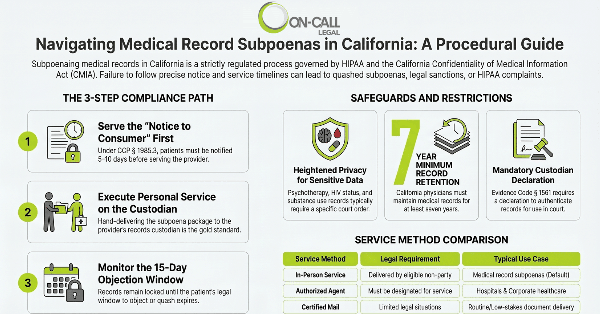 Infographic explaining California medical record subpoena procedures, compliance requirements, and privacy protections