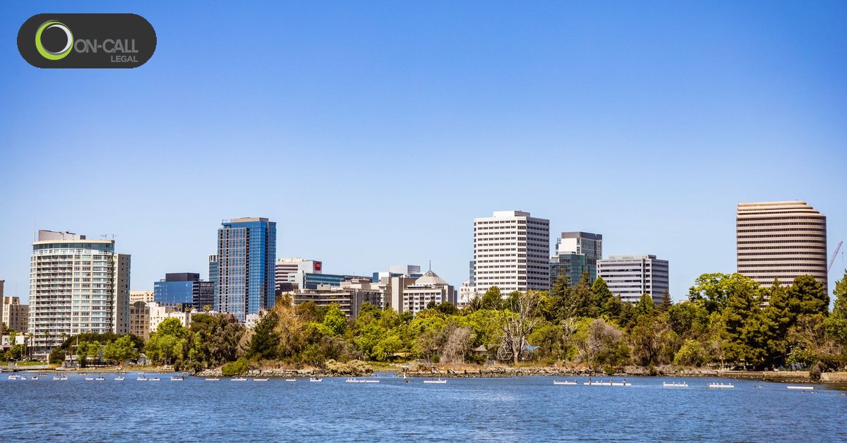 Downtown Oakland office towers seen across Lake Merritt on a clear day