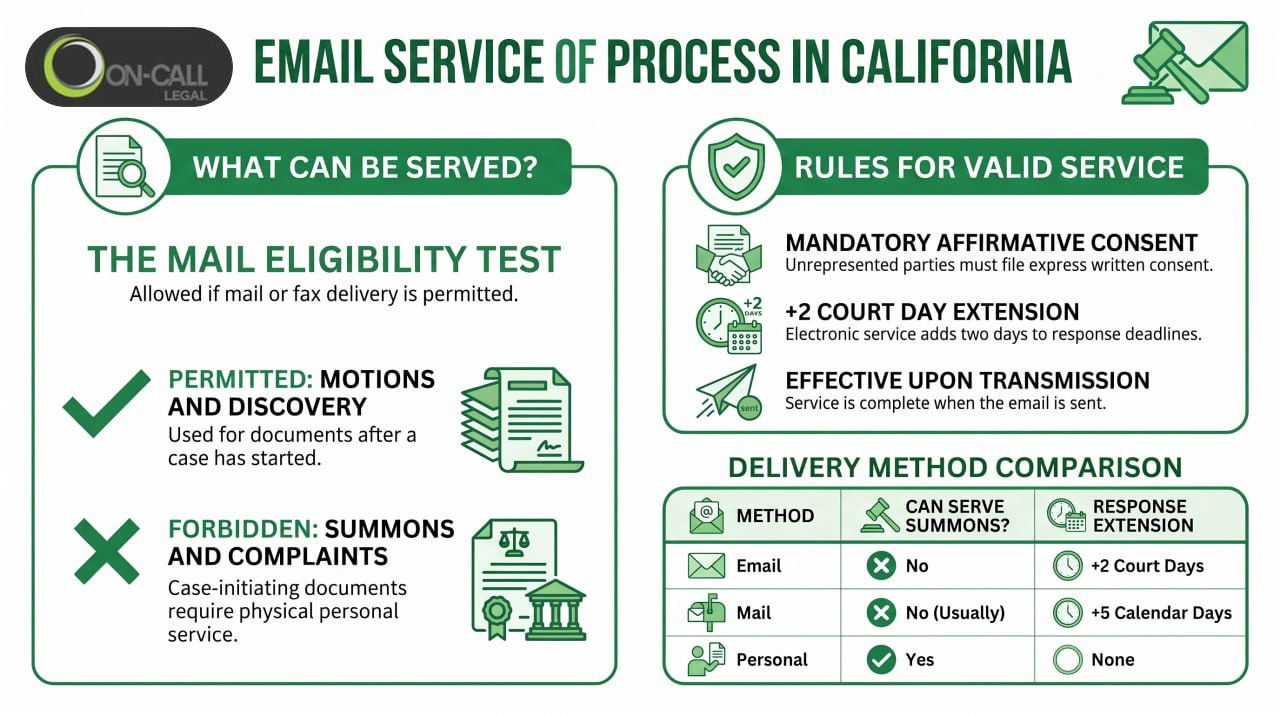 Infographic on email service of process in California: the mail eligibility test, documents that can and cannot be served electronically, consent rules, the two court day extension, and a comparison of email, mail and personal service