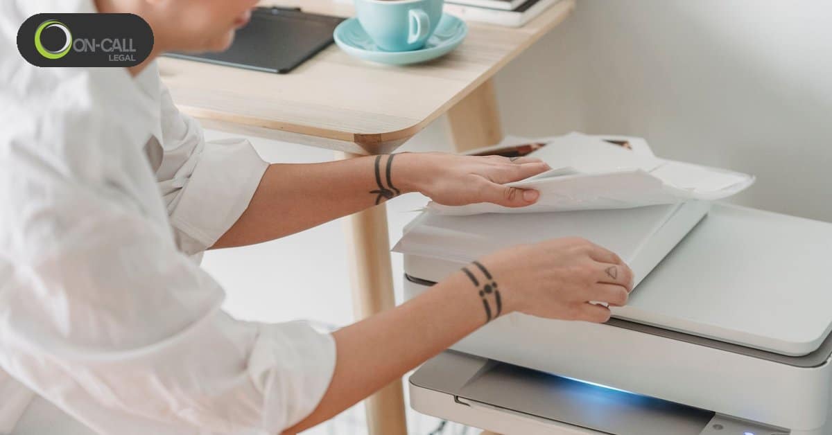 A person places sheets of paper on top of a white printer and scanner next to a desk