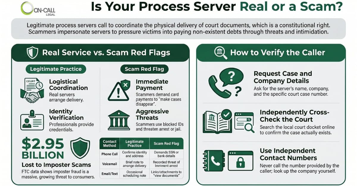 Infographic comparing legitimate process server practices versus scam red flags, and how to verify a caller — On-Call Legal