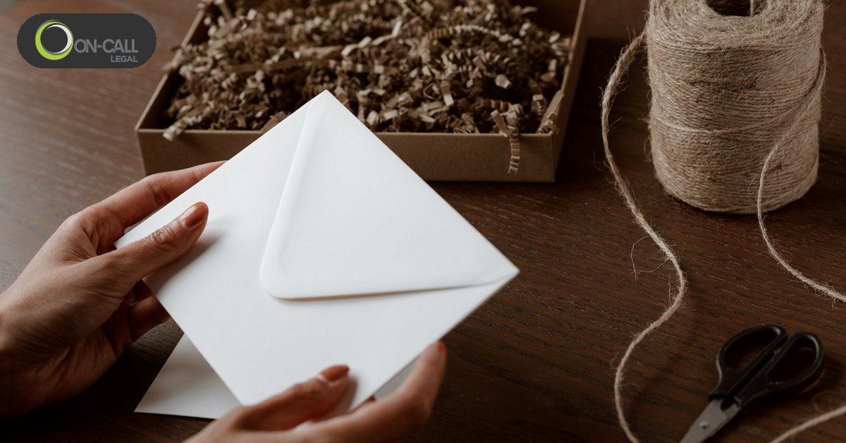 Hands hold a plain white envelope over a dark wooden desk beside a spool of twine and scissors