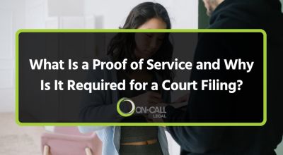 A woman signs papers handed to her at the door and the article title, What Is a Proof of Service and Why Is It Required for a Court Filing